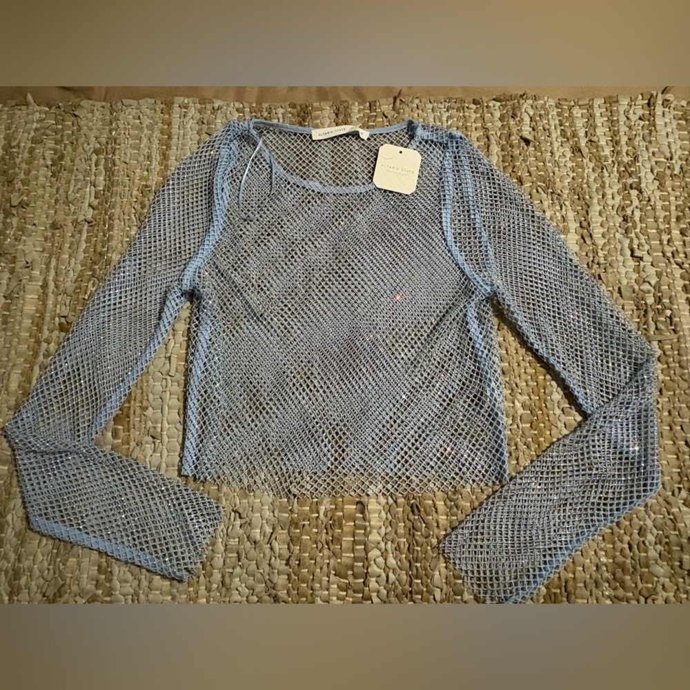 Altr’d State Blue Rhinestone Bling Mesh Longsleeve